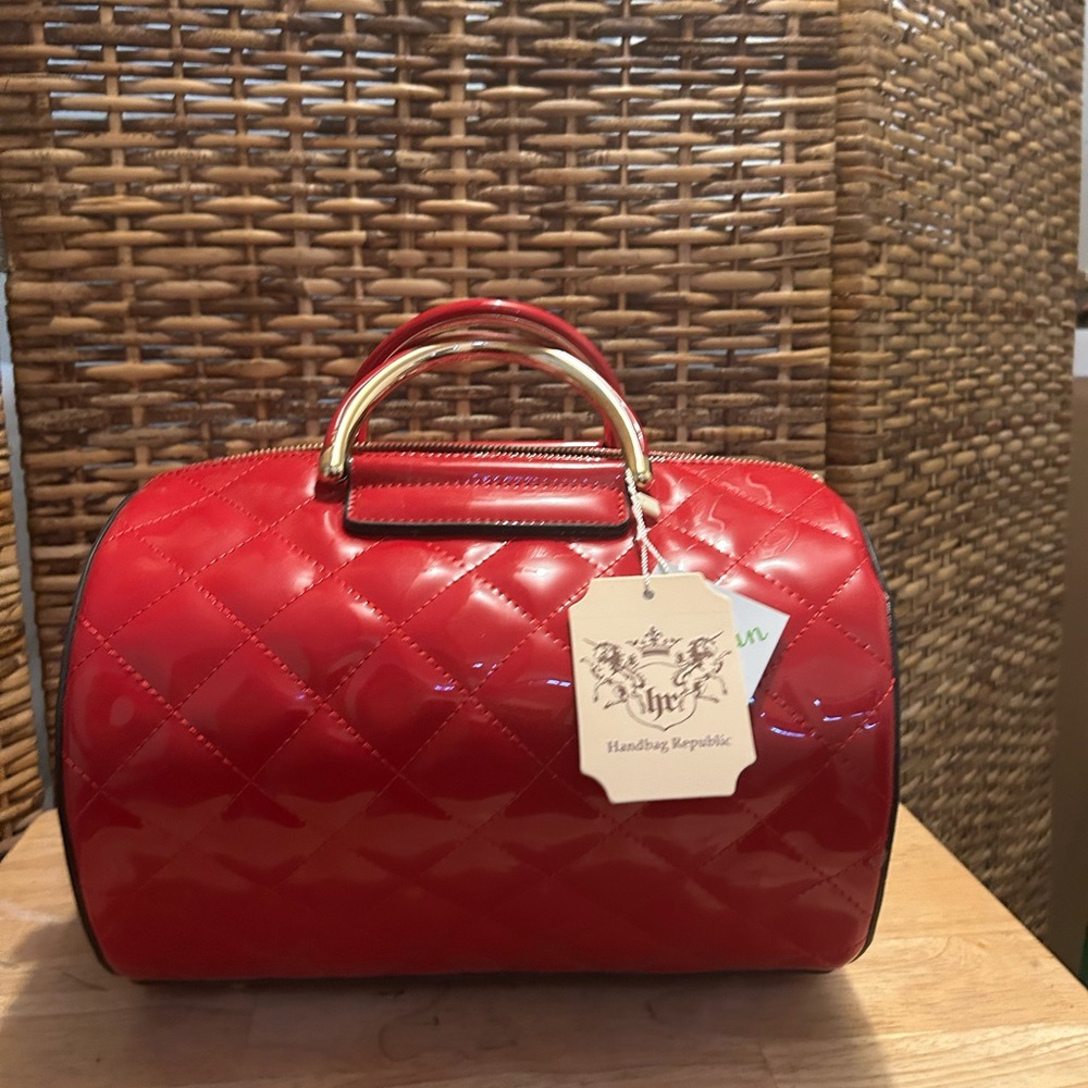 Red and Gold Quilted Satchel with Glossy Finish handbag republic